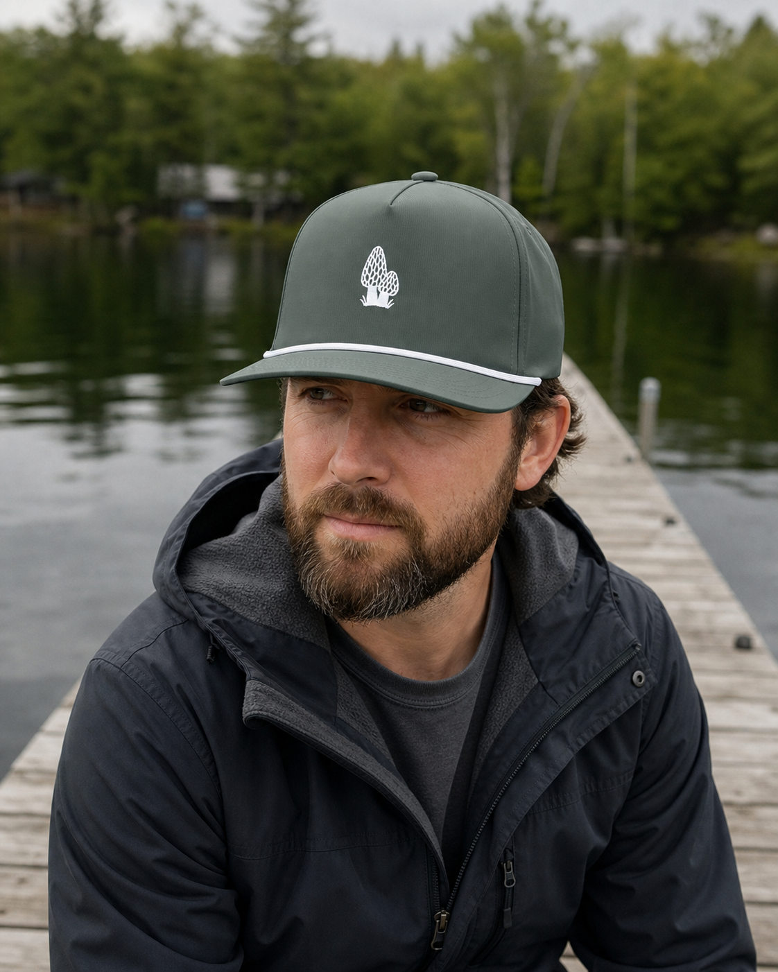 Person wearing the Moss Morel Forager Sunwashed Rope Cap with white morel embroidery on a northwoods lake pier