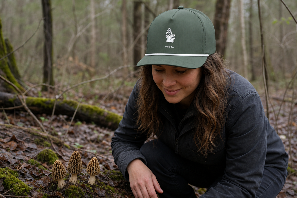 Person wearing the Moss Morel Forager Thuja Sunwashed Rope Cap while foraging in a northwoods forest
