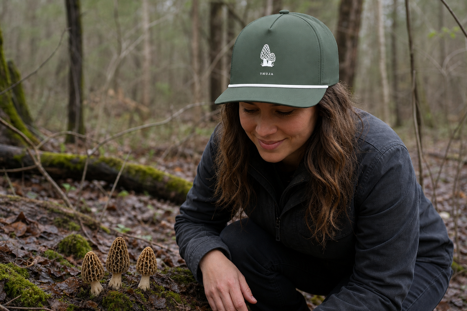 Person wearing the Moss Morel Forager Thuja Sunwashed Rope Cap while foraging in a northwoods forest