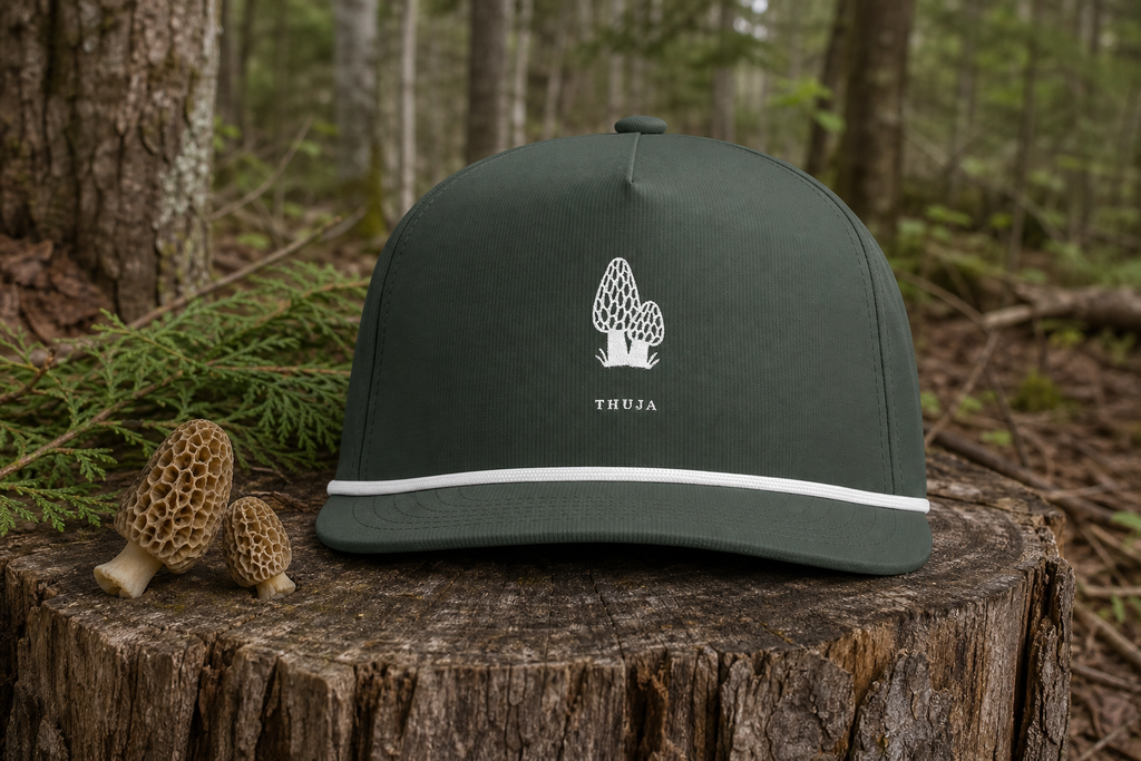 Moss Morel Forager Thuja Sunwashed Rope Cap with white morel and Thuja embroidery on a northwoods forest stump