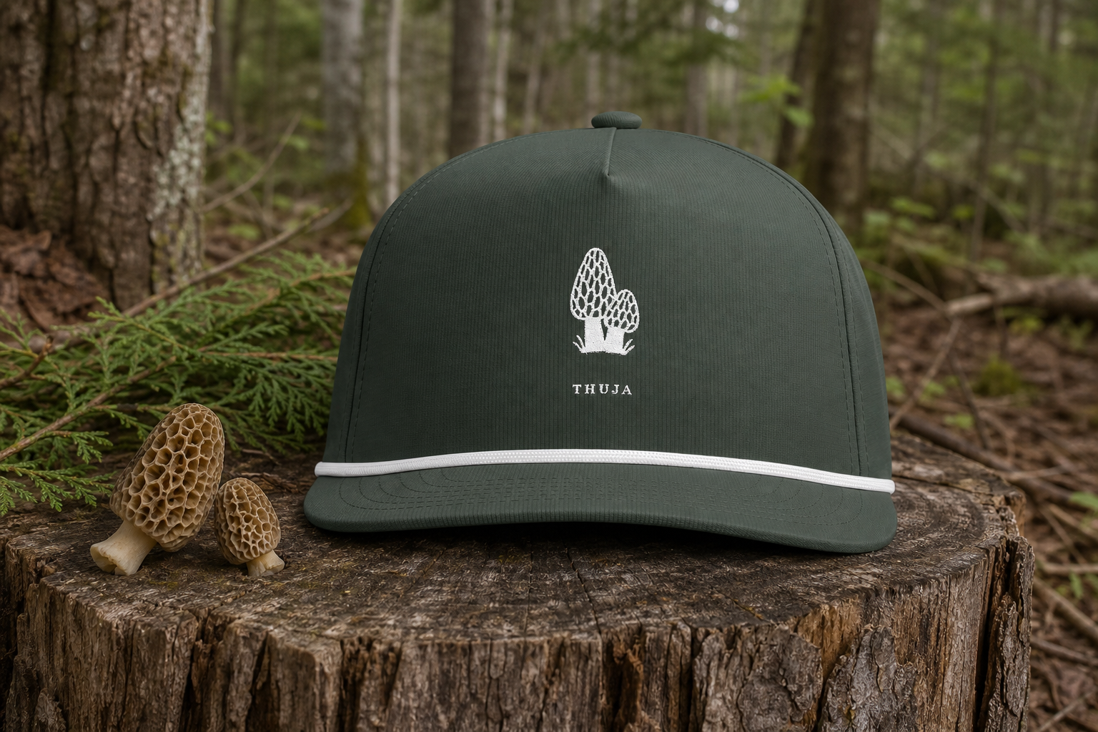 Moss Morel Forager Thuja Sunwashed Rope Cap with white morel and Thuja embroidery on a northwoods forest stump