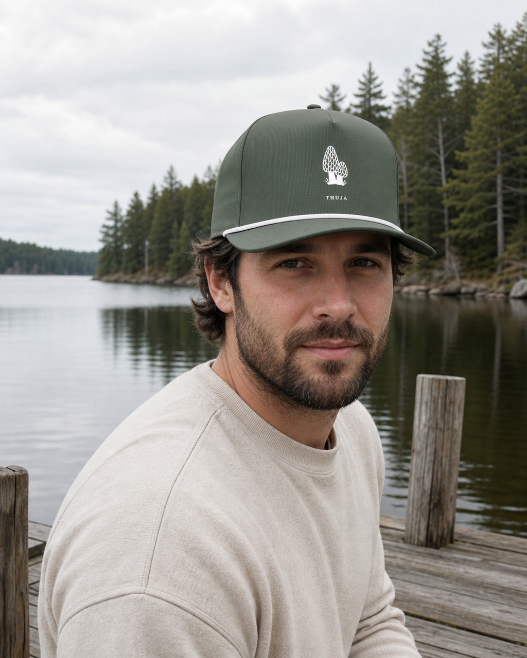 Person wearing the Moss Morel Forager Thuja Sunwashed Rope Cap on a northwoods lake pier