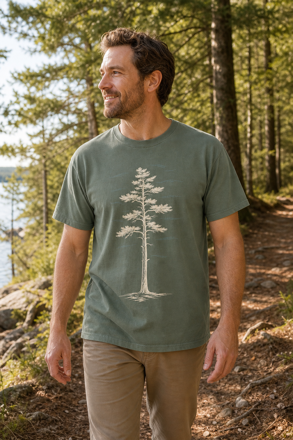 Person wearing the Moss White Pine Stand Comfort Colors T-Shirt on a Northwoods forest trail