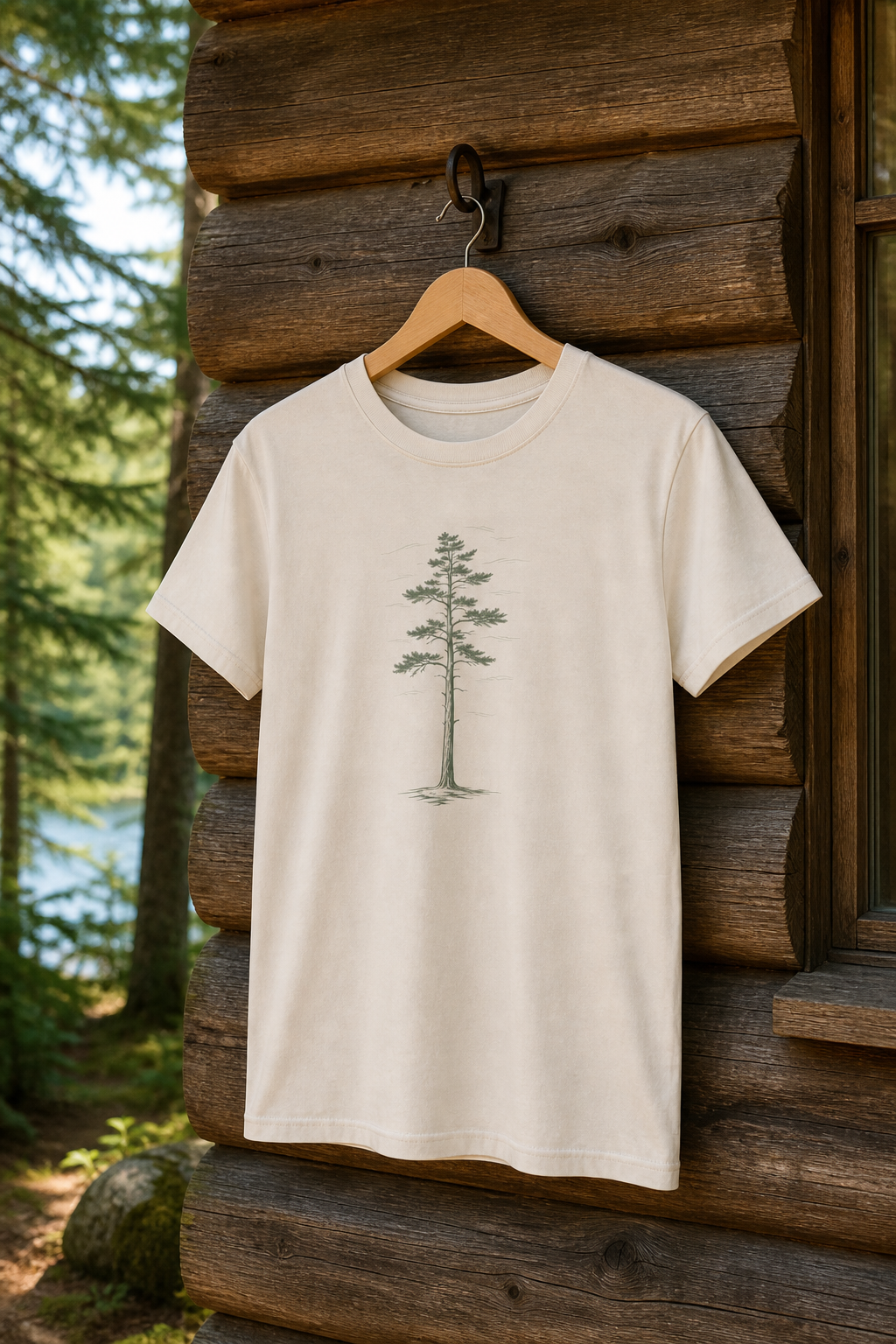 Natural Kids White Pine Stand Bella+Canvas youth t-shirt hanging outside a Northwoods cabin