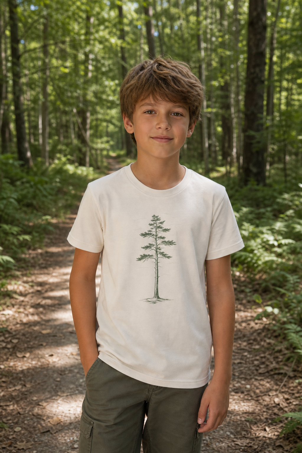 Child wearing the Natural Kids White Pine Stand Bella+Canvas youth t-shirt on a Northwoods forest trail
