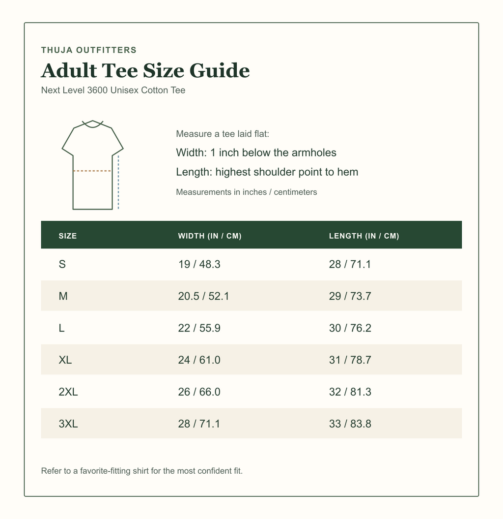 Next Level 3600 unisex cotton t-shirt size guide with flat width and length measurements for sizes S through 3XL