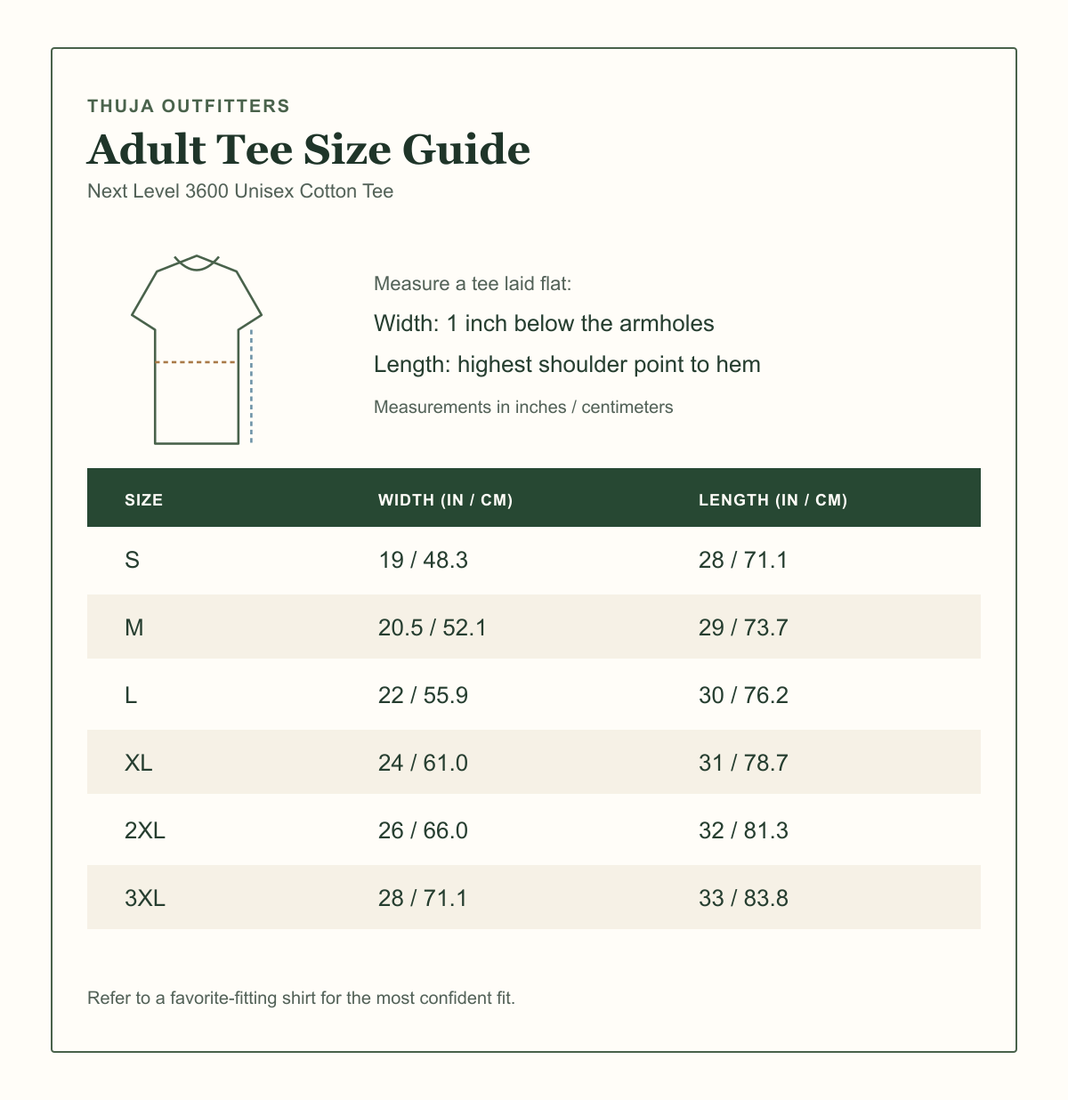 Next Level 3600 unisex cotton t-shirt size guide with flat width and length measurements for sizes S through 3XL