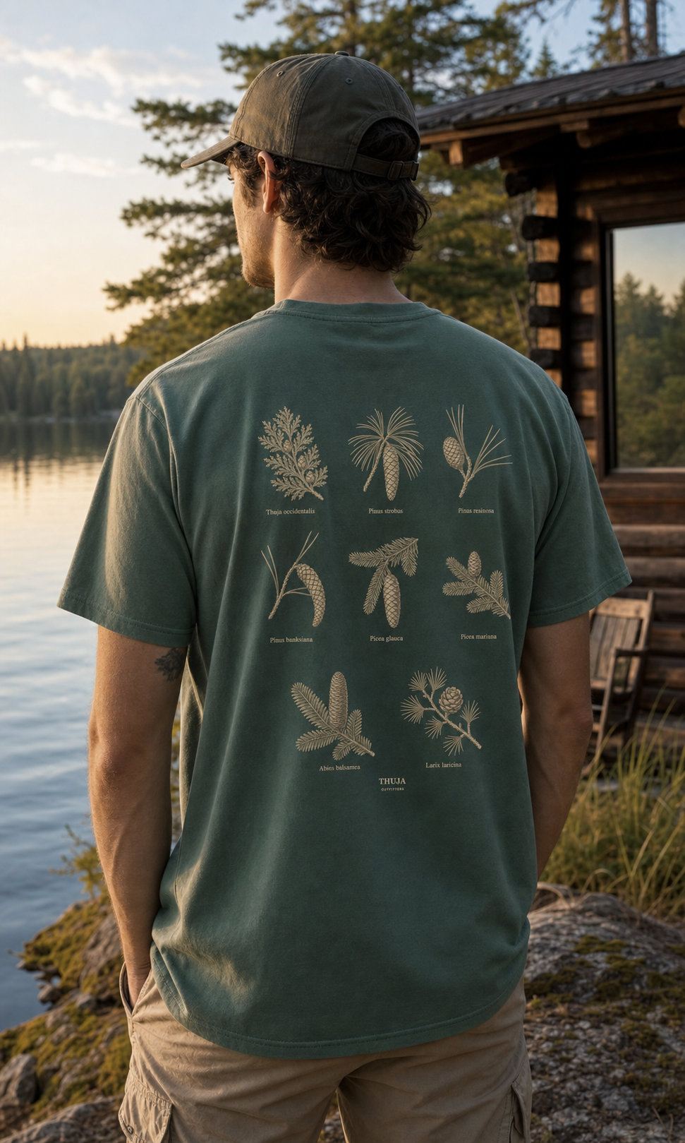 Person wearing the Blue Spruce Northwoods Conifers T-Shirt with the updated botanical back print beside a Northwoods lake cabin