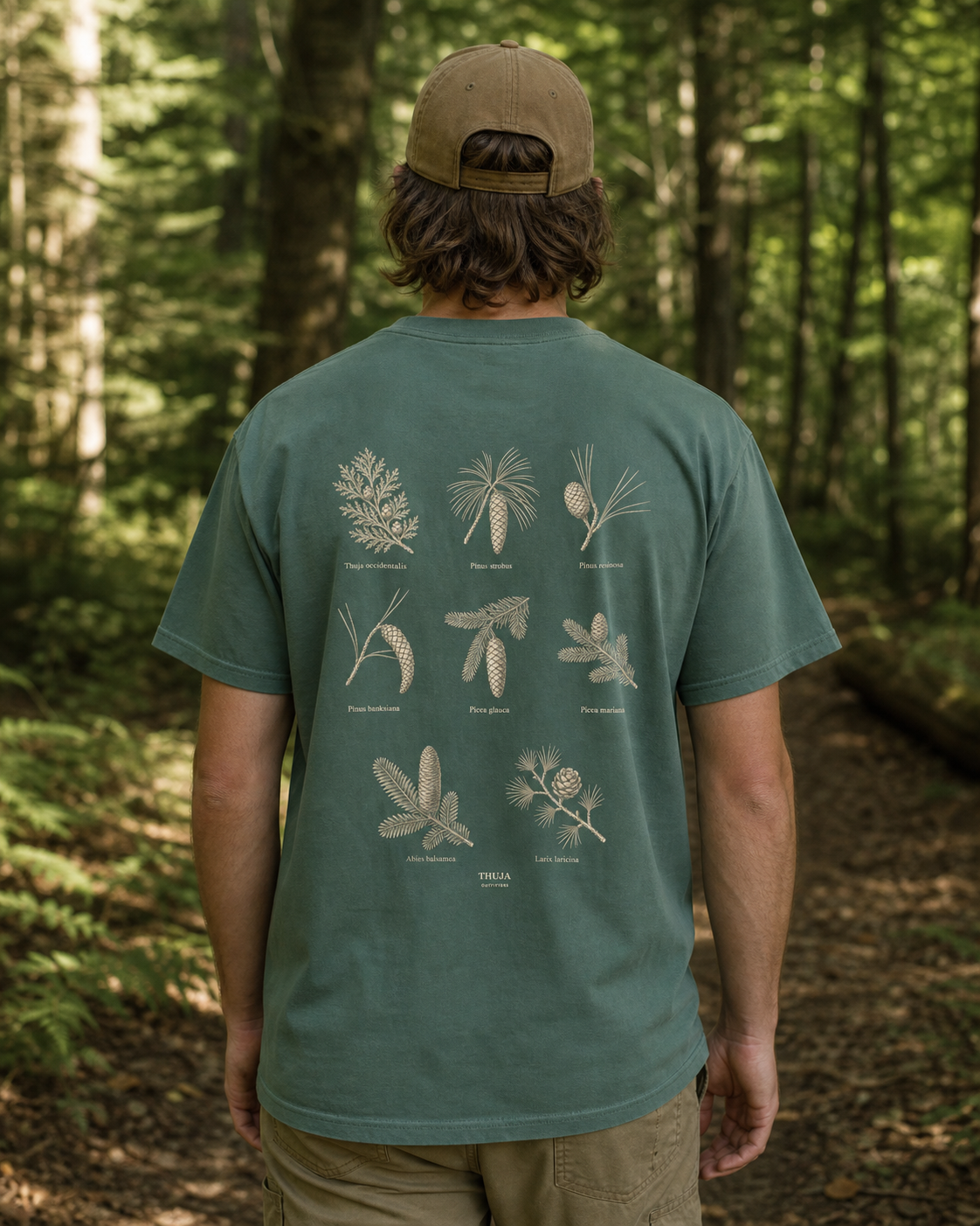 Person wearing the Blue Spruce Northwoods Conifers T-Shirt with the updated botanical back print on a woodland trail