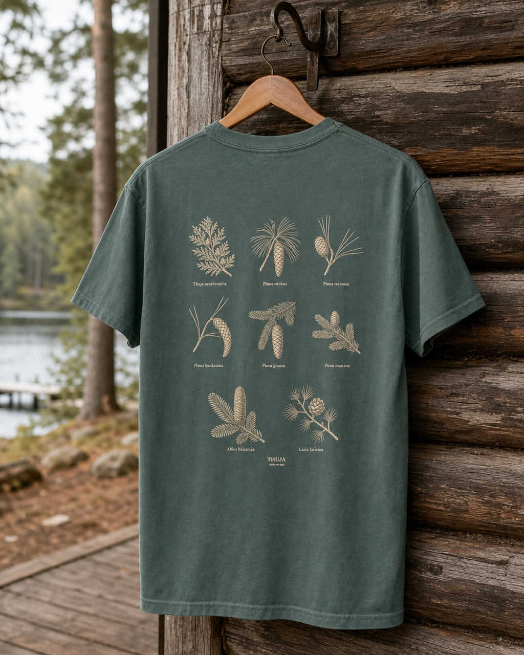 Blue Spruce Northwoods Conifers T-Shirt with the updated botanical back print on a cabin hanger