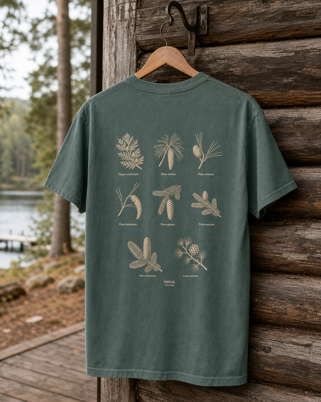 Blue Spruce Northwoods Conifers T-Shirt with the updated botanical back print on a cabin hanger
