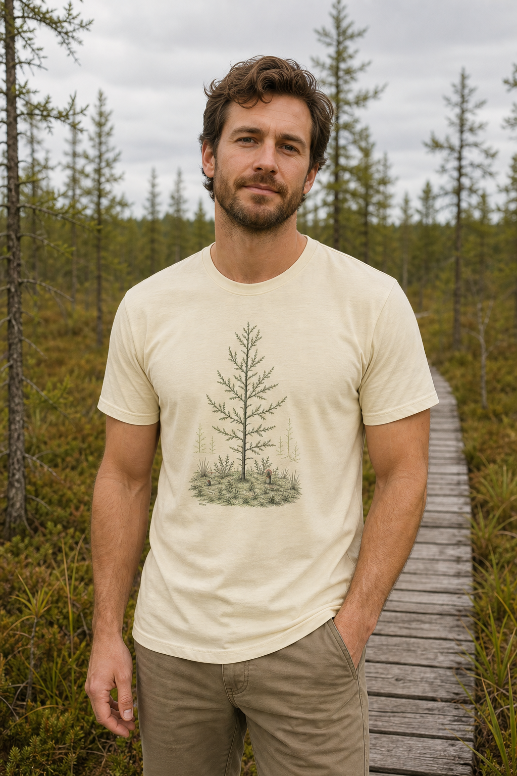 Man wearing the Solid Natural Next Level 3600 Tamarack Bog T-Shirt on a Wisconsin bog boardwalk