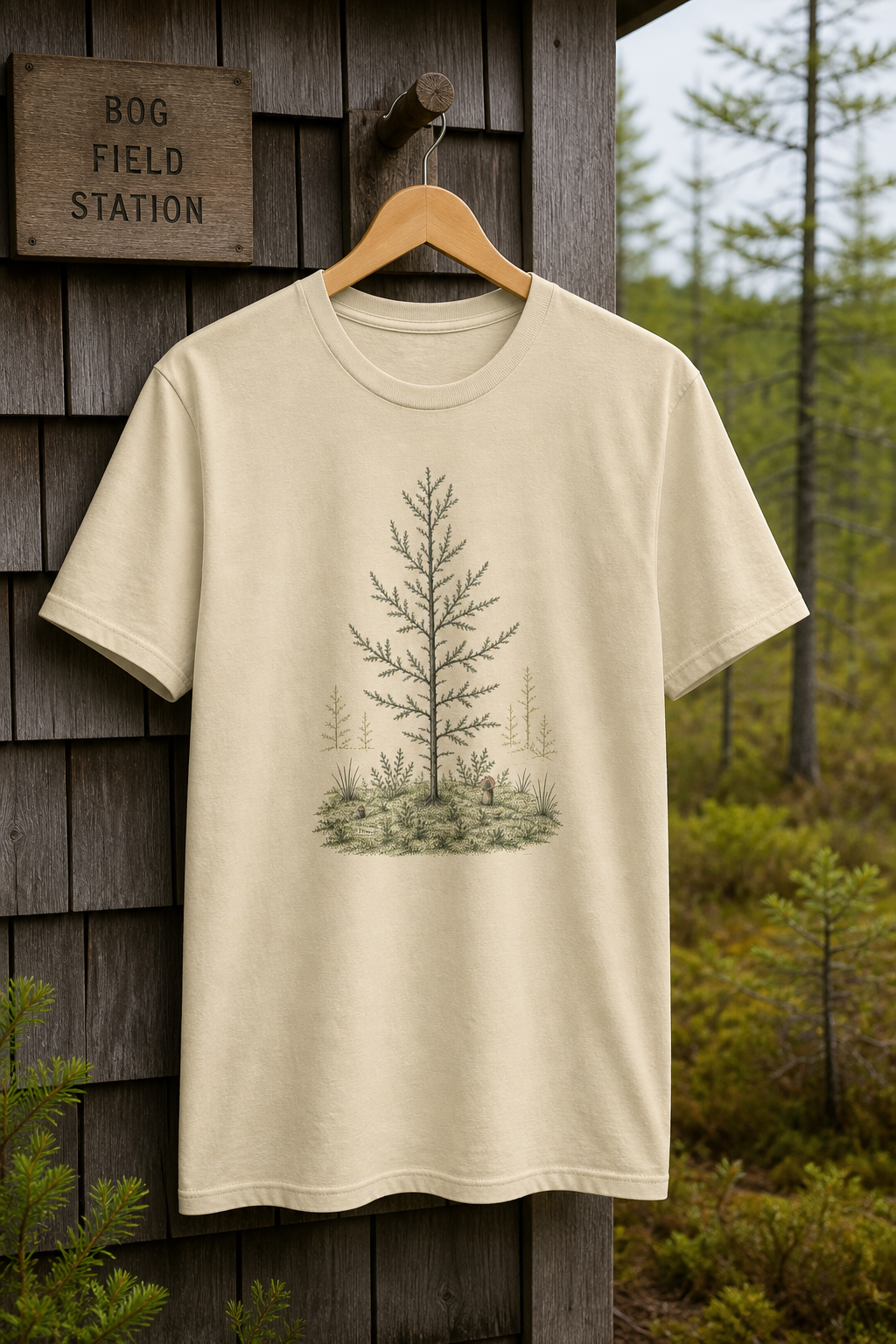 Solid Natural Next Level 3600 Tamarack Bog T-Shirt hanging at a Northwoods bog field station