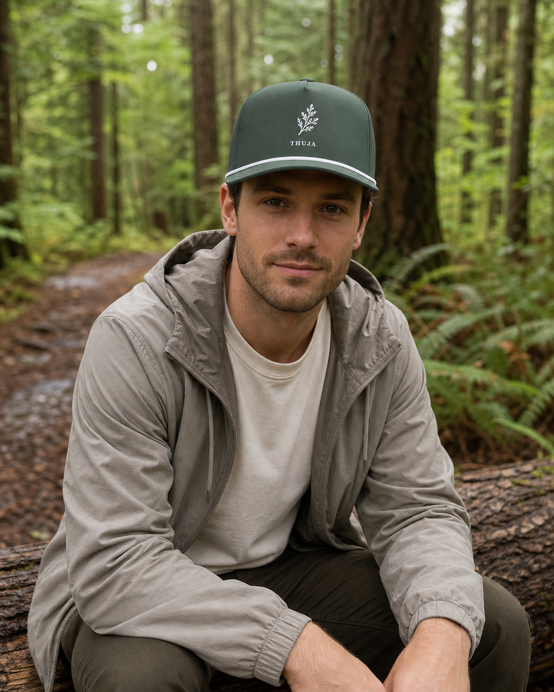 Person wearing the Moss Thuja Sunwashed Rope Cap with white cedar and THUJA embroidery on a Northwoods forest trail