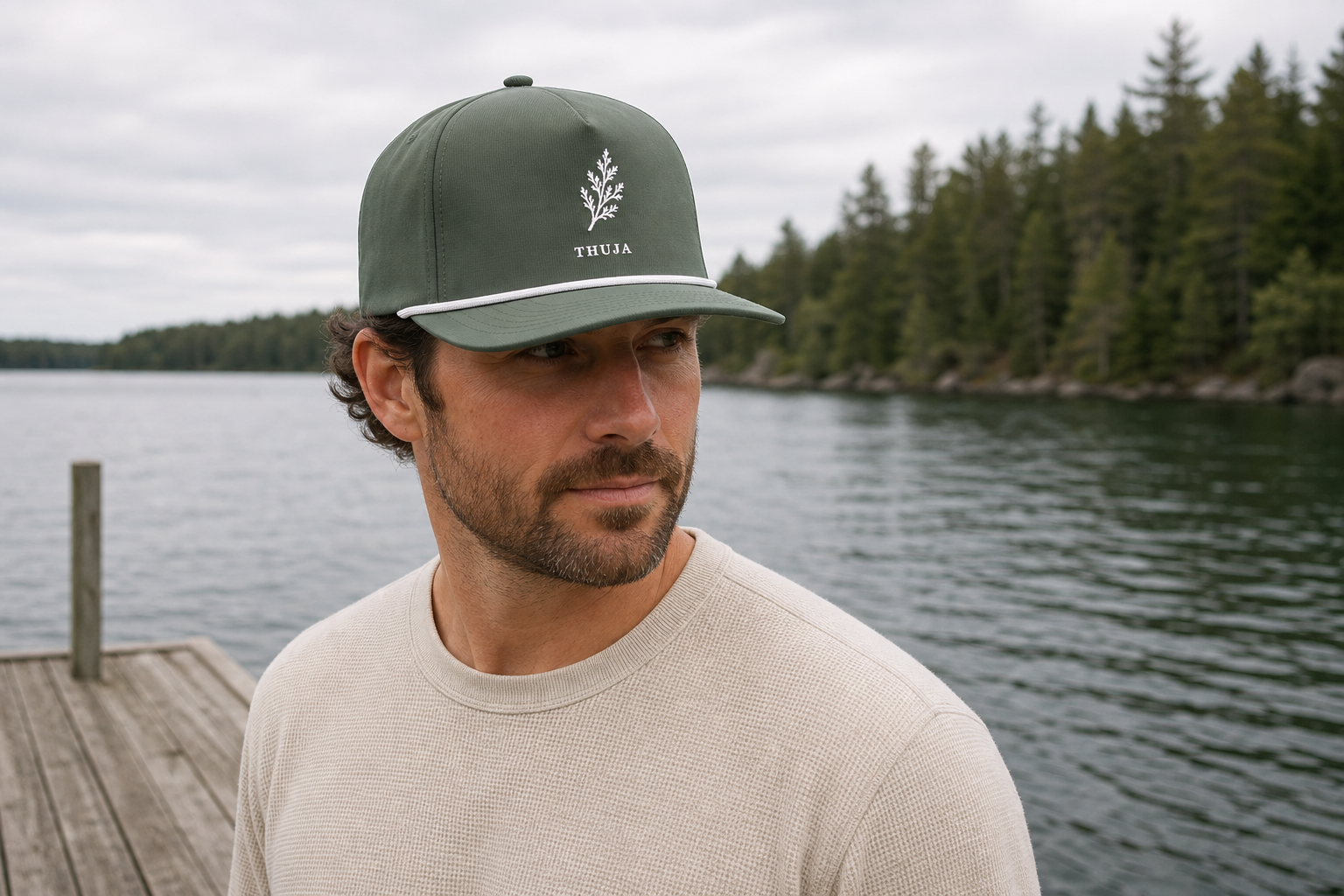 Person wearing the Moss Thuja Sunwashed Rope Cap with white cedar and THUJA embroidery on a Northwoods lake pier