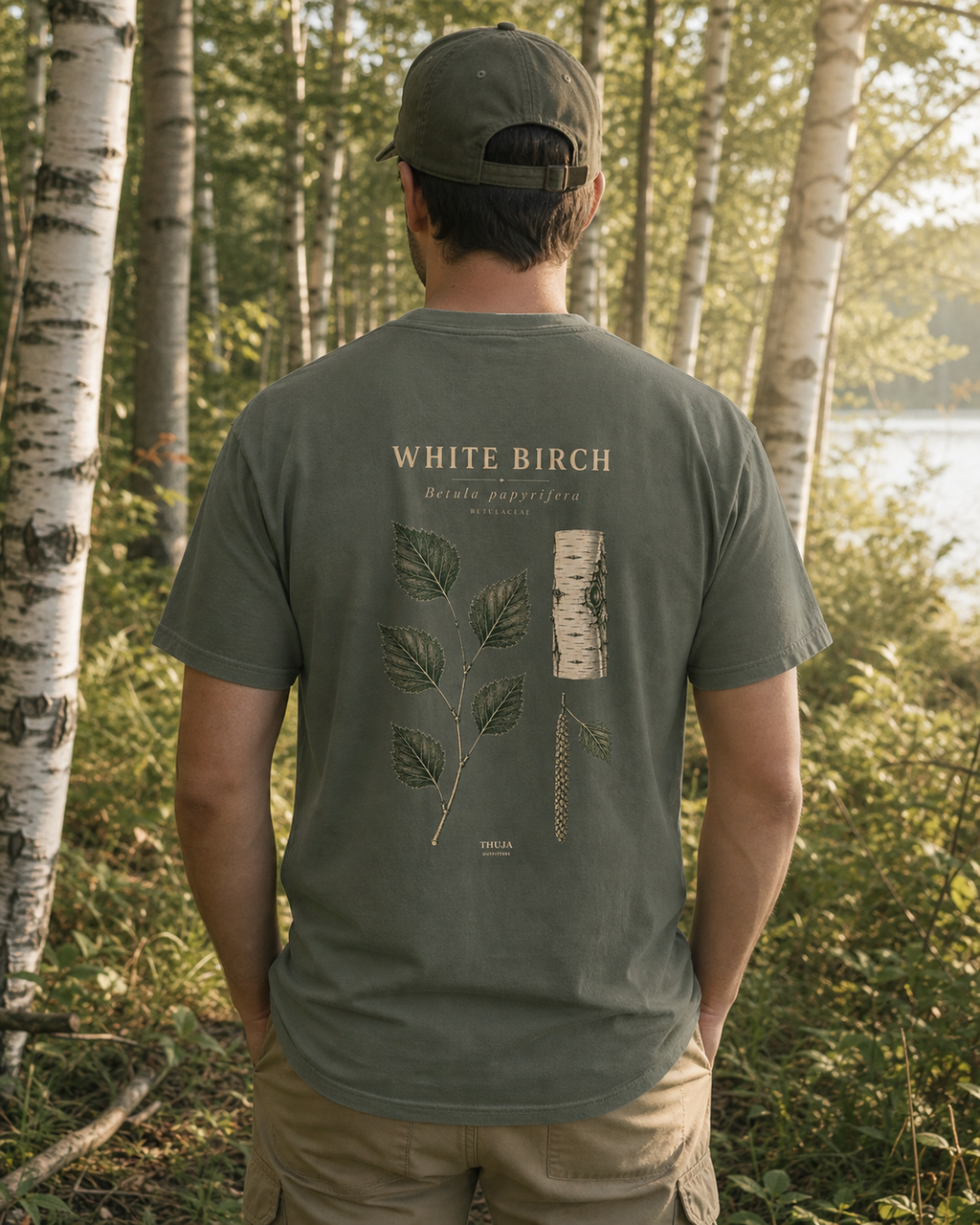 Person wearing the Moss White Birch Botanical T-Shirt with the updated botanical back print in a Northwoods birch grove