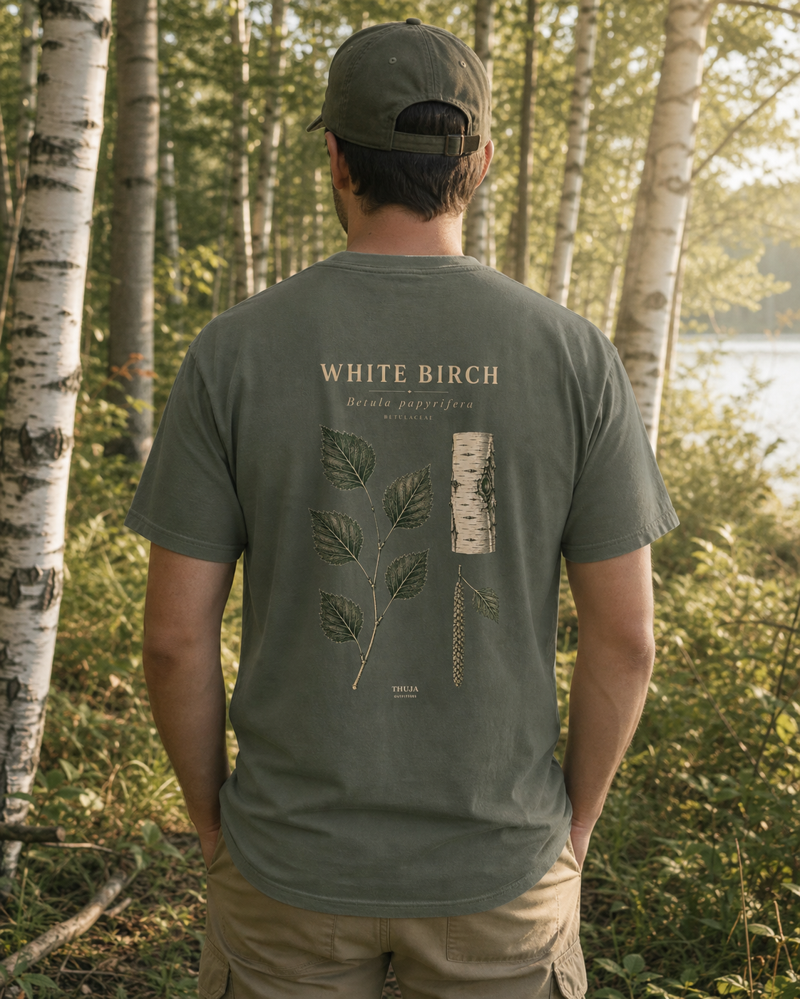 Person wearing the Moss White Birch Botanical T-Shirt with the updated botanical back print in a Northwoods birch grove