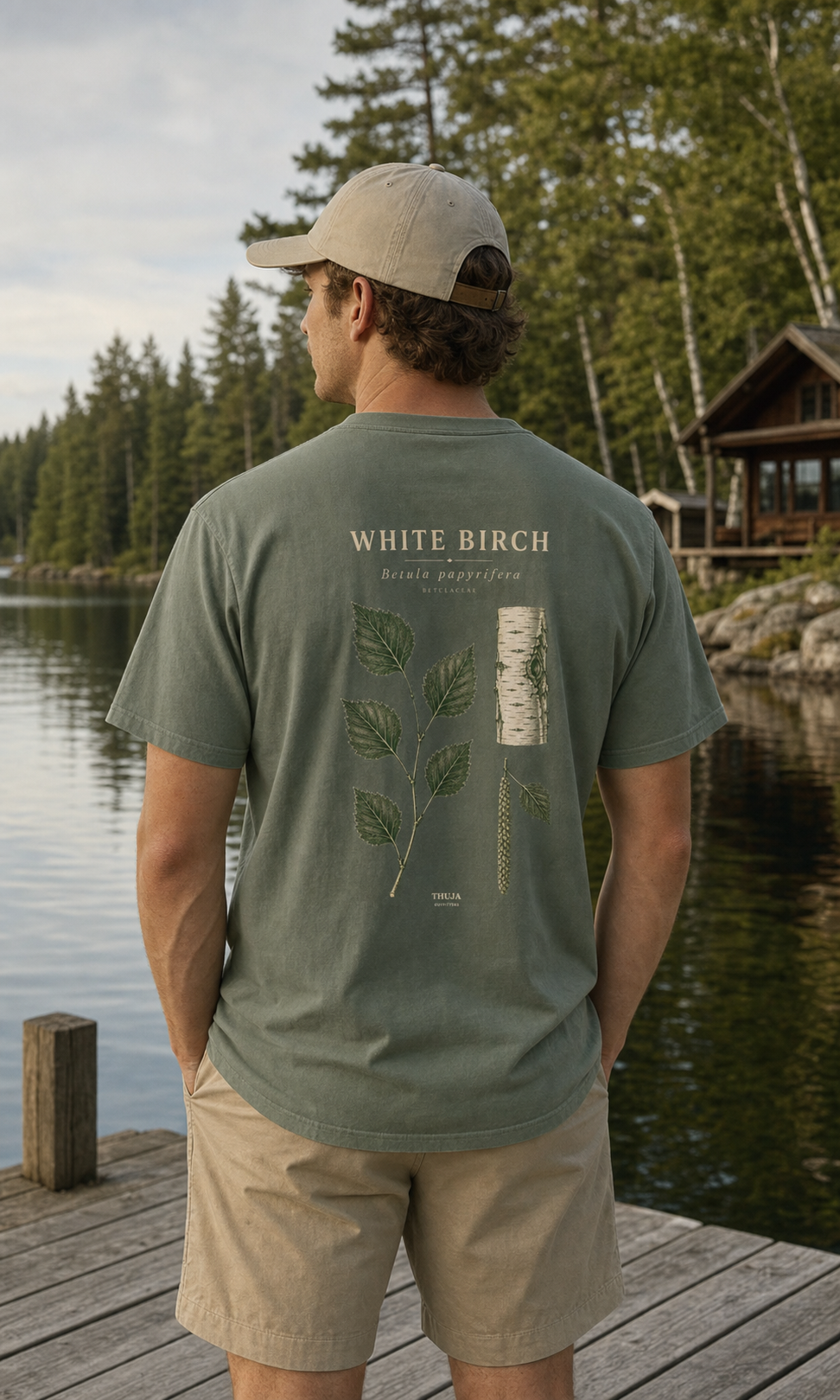 Person wearing the Moss White Birch Botanical T-Shirt with the updated botanical back print at a Northwoods lake