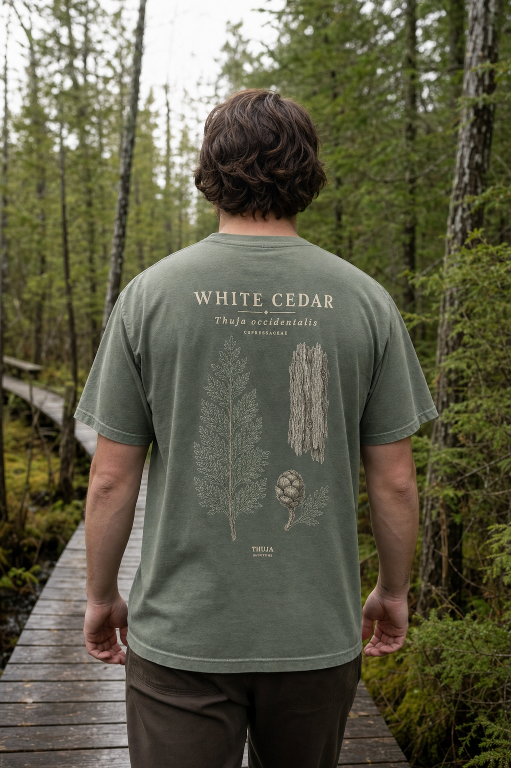 Person wearing the Moss White Cedar Botanical T-Shirt on a Northwoods cedar trail