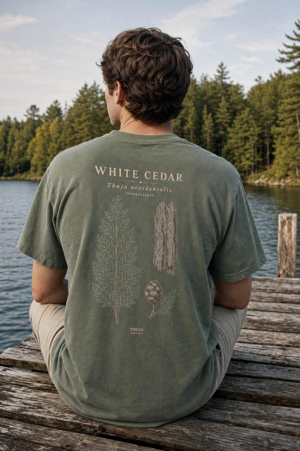 Person wearing the Moss White Cedar Botanical T-Shirt at a Northwoods lakeshore