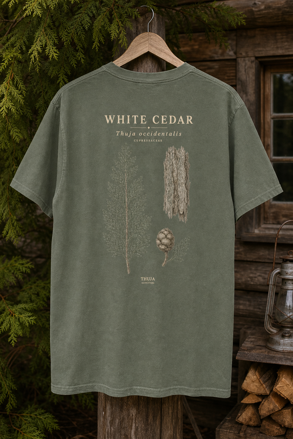 Moss White Cedar Botanical T-Shirt with the botanical back print on a Northwoods cabin hanger