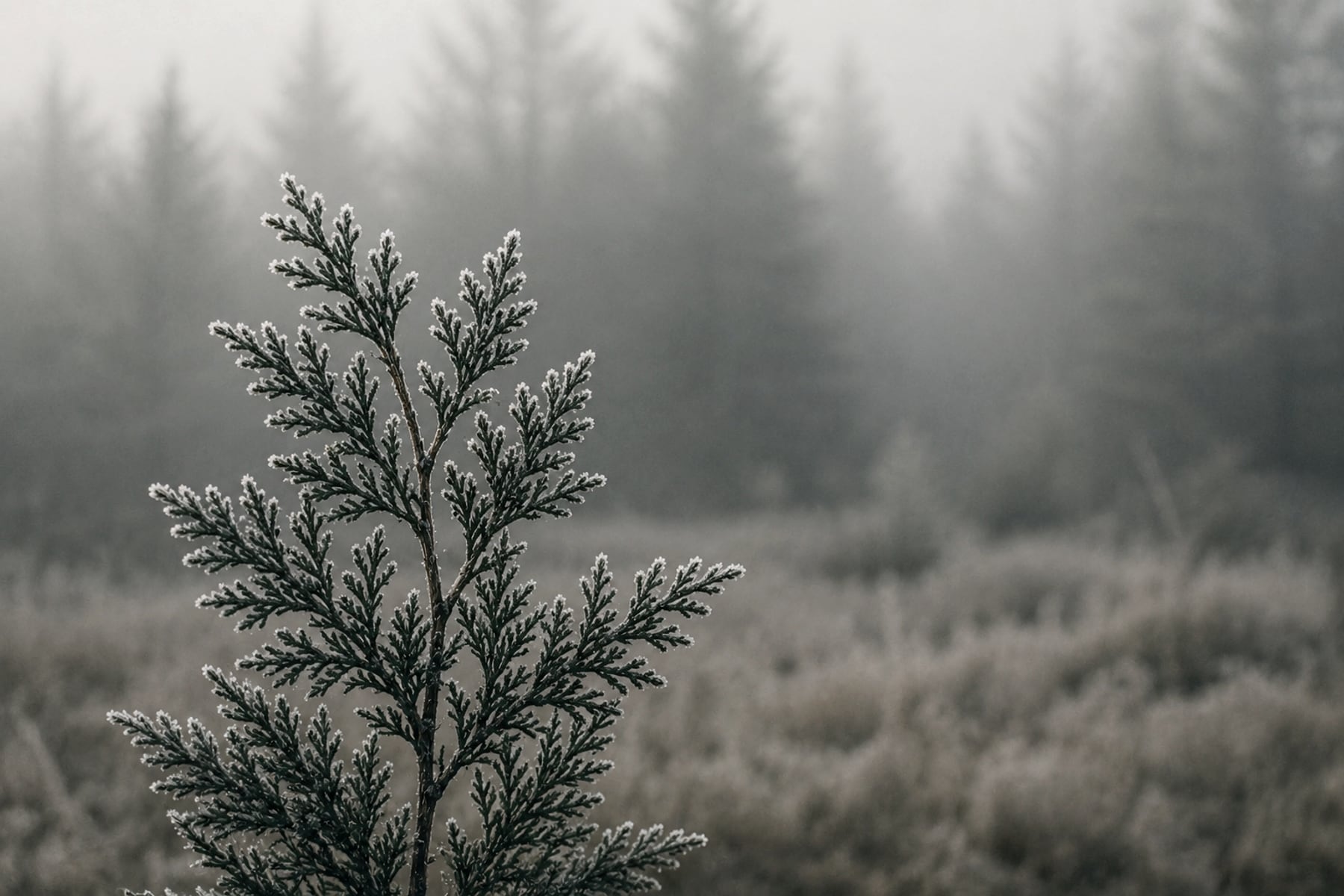 Frosted cedar bough in a quiet Northwoods field